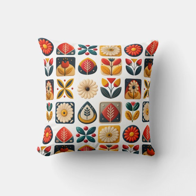 Retro Folk Floral Pattern with Vibrant Colours Throw Pillow (Front)