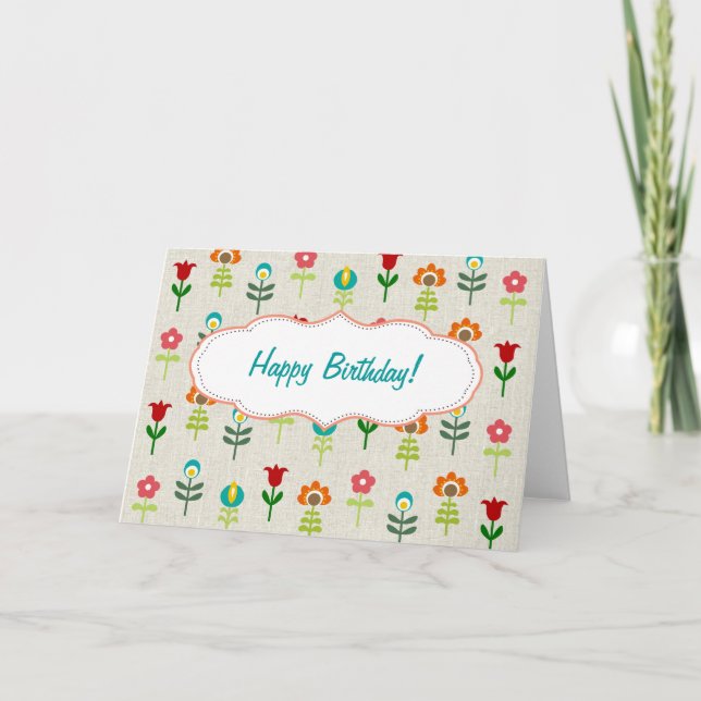 Retro folk flower pattern Happy Birthday Card (Front)