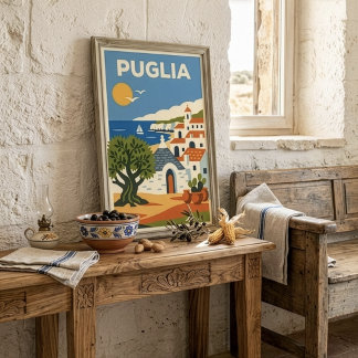 Retro Folk Puglia Italy Olive Tree Trullo Travel  Poster