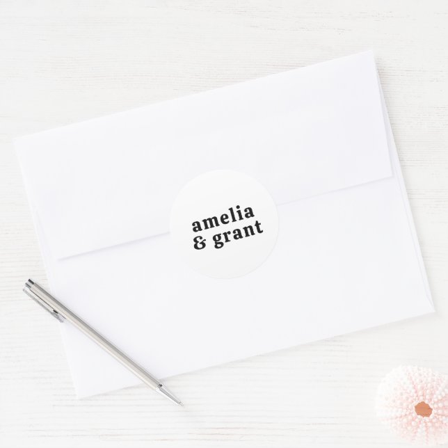 Retro Font Black and White Modern Wedding Classic Round Sticker (Envelope)