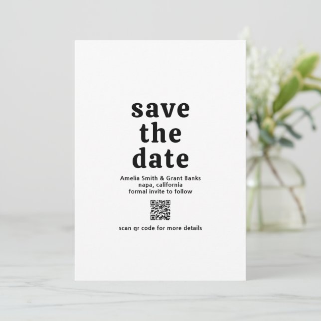 Retro Font Black and White QR Code Modern Wedding Save The Date (Standing Front)