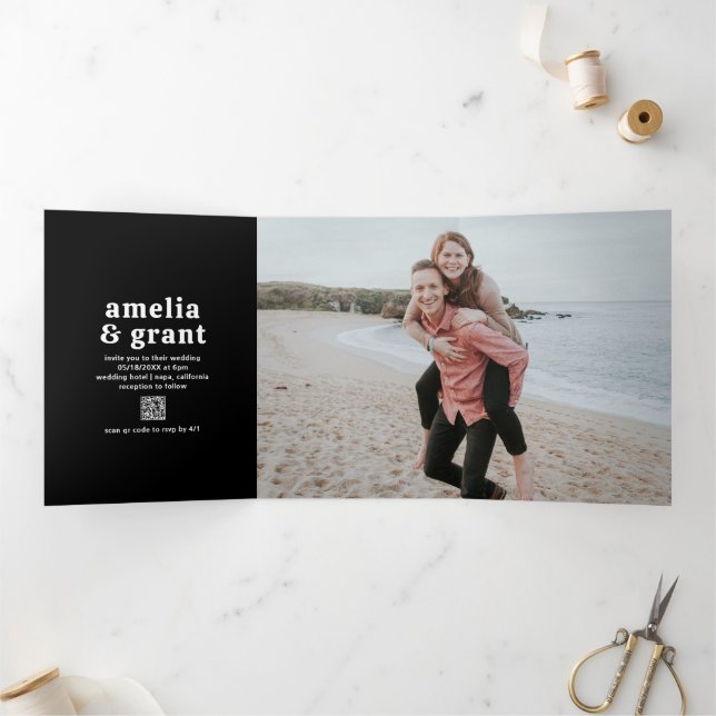 Retro Font Black QR Code Photo Modern Wedding Tri-Fold Invitation (Inside)