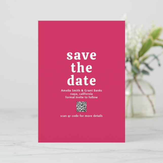 Retro Font Hot Pink QR Code Modern Wedding Save The Date (Standing Front)