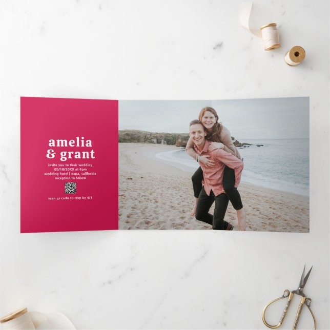 Retro Font Hot Pink QR Code Photo Modern Wedding Tri-Fold Invitation (Inside)