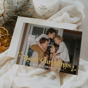 Retro Font Modern Family Photo  Foil Holiday Card
