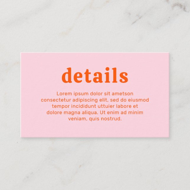 Retro Font Orange and Pink Modern Wedding Enclosure Card (Front)