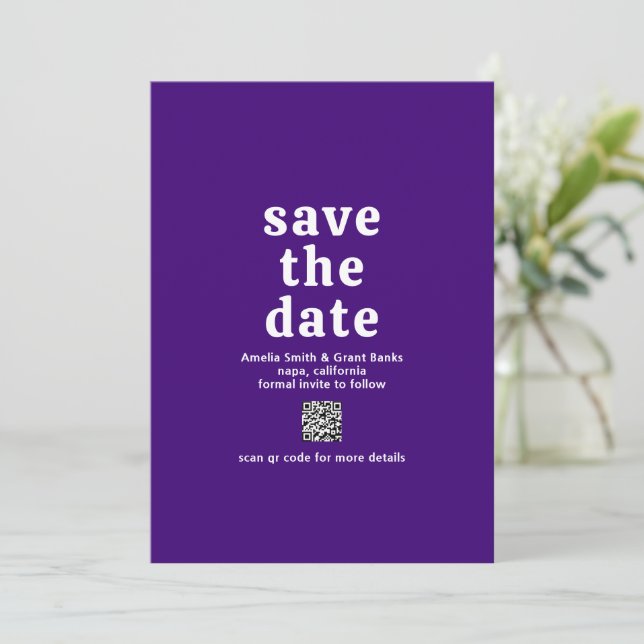 Retro Font Purple QR Code Modern Wedding Save The Date (Standing Front)