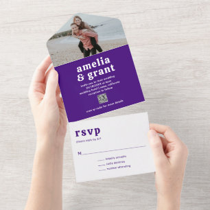 Retro Font Purple QR Code Photo Modern Wedding All In One Invitation