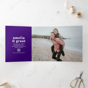 Retro Font Purple QR Code Photo Modern Wedding Tri-Fold Invitation