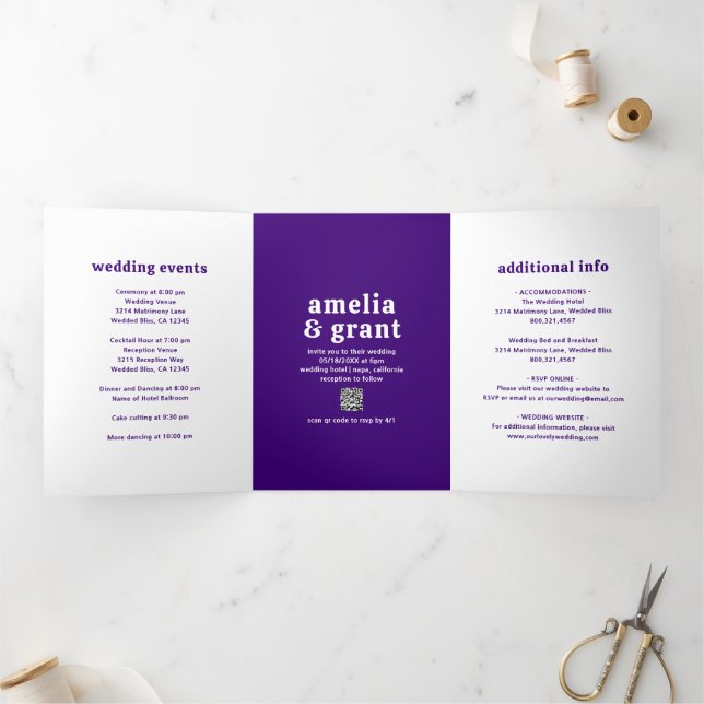 Retro Font Purple QR Code Photo Modern Wedding Tri-Fold Invitation (Inside)