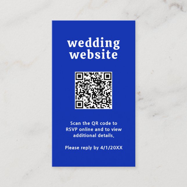 Retro Font Royal Blue QR Code Modern Wedding Enclosure Card (Front)