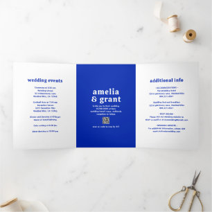 Retro Font Royal Blue QR Code Photo Modern Wedding Tri-Fold Invitation