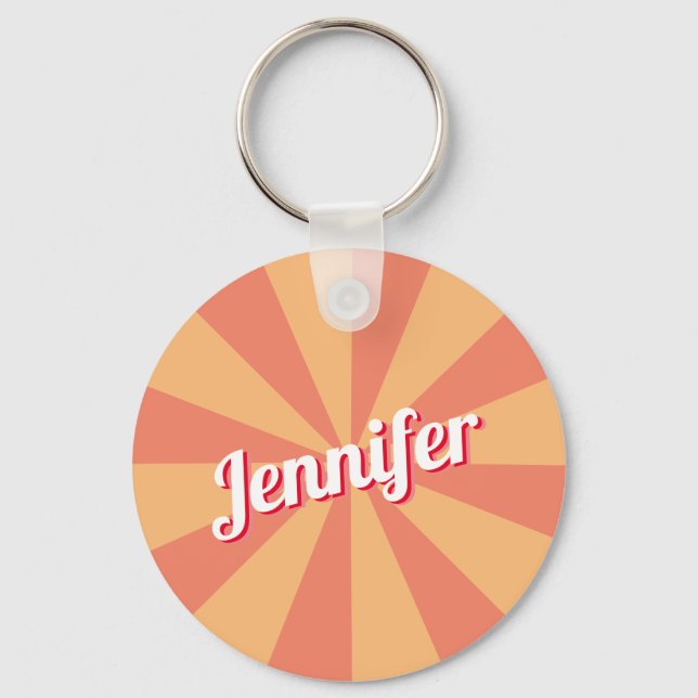 Retro Fonts Personalized Name Pink Orange Sunburst Keychain (Front)