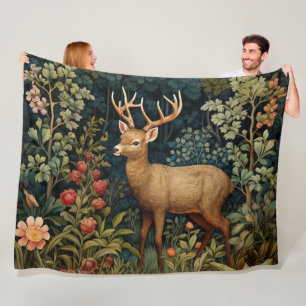 Retro Forest Deer William Morris Inspired Pattern Fleece Blanket