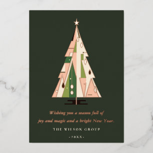Retro Forest Green Christmas Tree Business Logo Foil Holiday Card