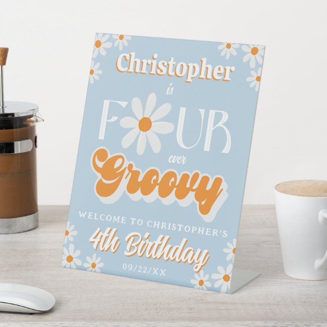 Retro Four Ever Groovy Boys 4th Birthday Welcome Pedestal Sign (In SItu)