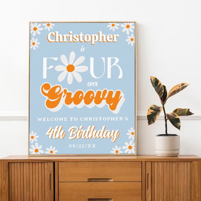 Retro Four Ever Groovy Boys 4th Birthday Welcome Poster (Creator Uploaded)
