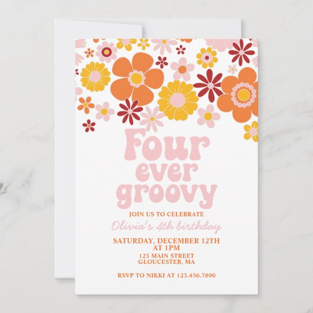 Retro Four Ever Groovy Floral 4th Birthday Invitation (Front)