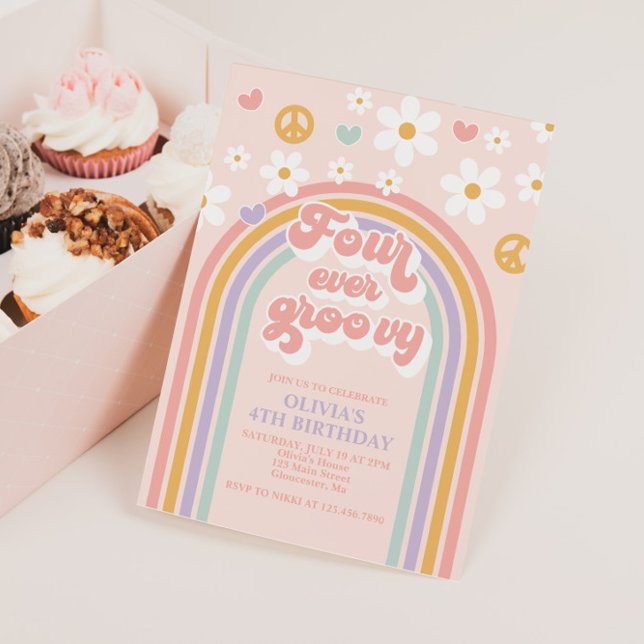 Retro Four Ever Groovy Rainbow 4th Birthday Invitation (Creator Uploaded)