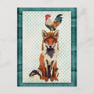 RETRO FOX & ROOSTER Postcard