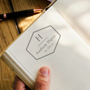 Retro Frame Modern Monogram Ex Libris Book Rubber Stamp