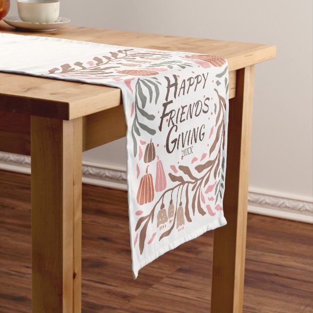 Retro frame with leaves and pumpkins Friendsgiving Short Table Runner (In Situ)