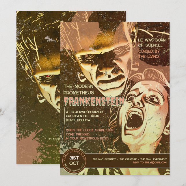 Retro Frankenstein Vintage Horror Invitation (Front/Back)