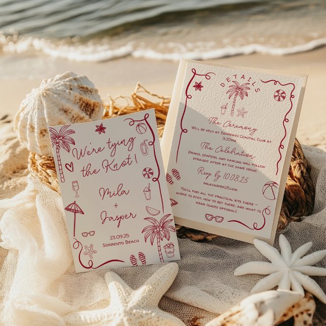 Retro French Beach Seaside Illustration Wedding Invitation (Retro French Beach Seaside Illustration Wedding Invitation)