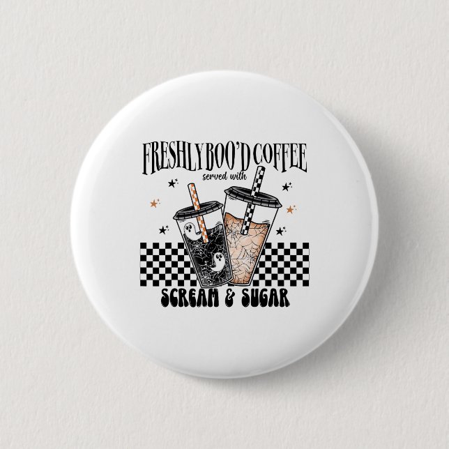 Retro Freshly Boo'd Coffee Lovers Boujee Ghost Hal 2 Inch Round Button (Front)