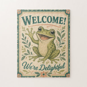 Retro Frog Welcome We're Delightful Art Vintage Jigsaw Puzzle