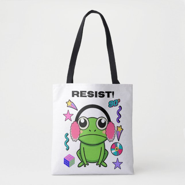 Retro Frog with A 90s Attitude. Resist! Quote Tote Bag (Front)
