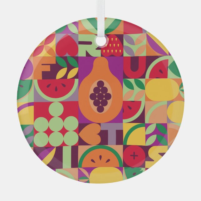 Retro Fruit Geometric: Vintage Seamless Glass Ornament (Front)