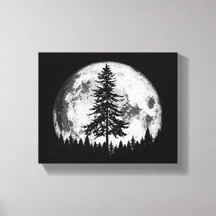 Retro Full Moon & Minimalist Pine Tree Vintage Gra Canvas Print