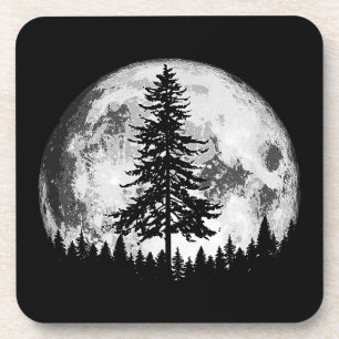 Retro Full Moon & Minimalist Pine Tree Vintage Gra Coaster