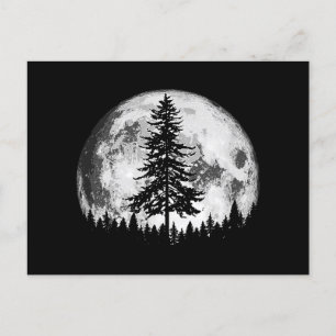Retro Full Moon & Minimalist Pine Tree Vintage Gra Holiday Postcard