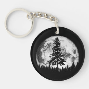 Retro Full Moon & Minimalist Pine Tree Vintage Gra Keychain