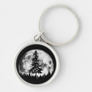 Retro Full Moon & Minimalist Pine Tree Vintage Gra Keychain