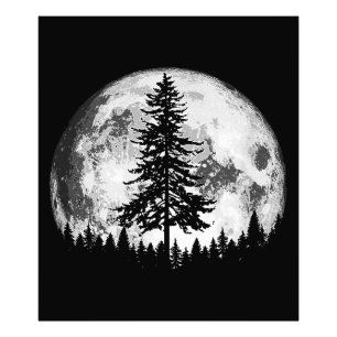Retro Full Moon & Minimalist Pine Tree Vintage Gra Photo Print