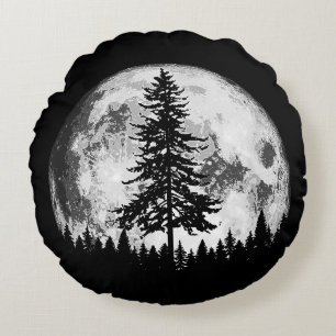 Retro Full Moon & Minimalist Pine Tree Vintage Gra Round Pillow