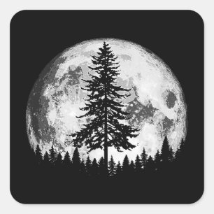 Retro Full Moon & Minimalist Pine Tree Vintage Gra Square Sticker