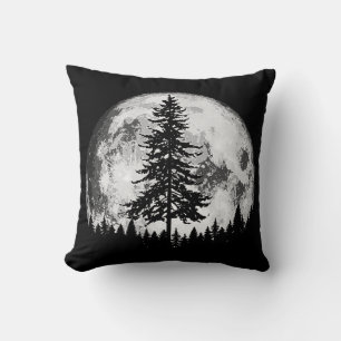 Retro Full Moon & Minimalist Pine Tree Vintage Gra Throw Pillow