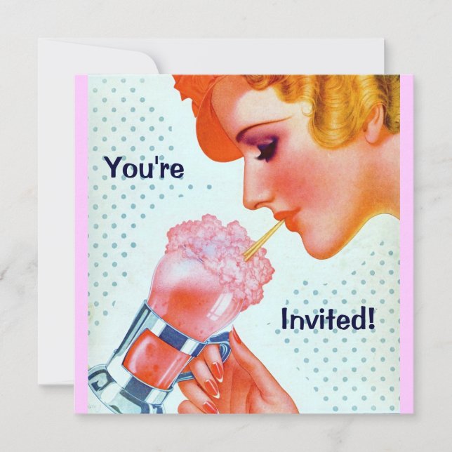Retro Fun 1930s Pink Milkshake Invitation (Front)