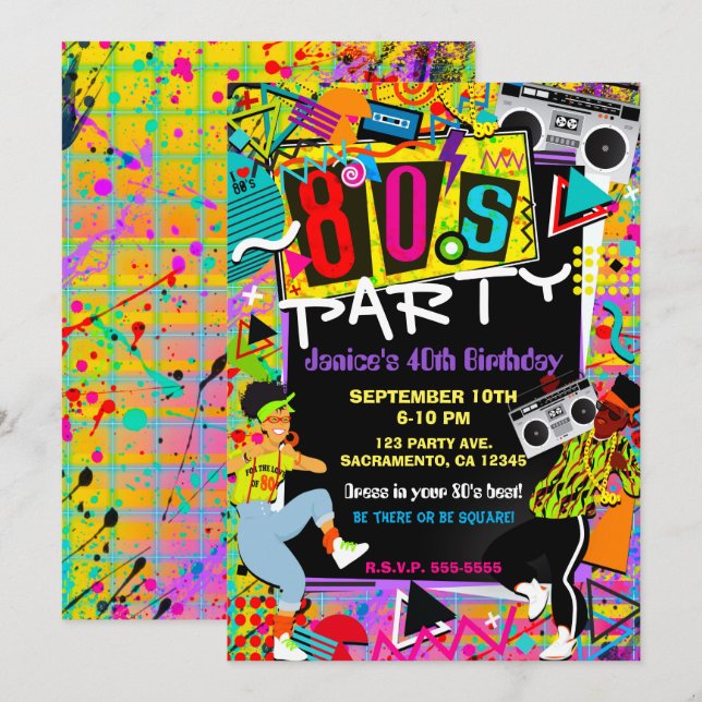 Retro Fun Bright 80's Party People Birthday Invitation (Front/Back)