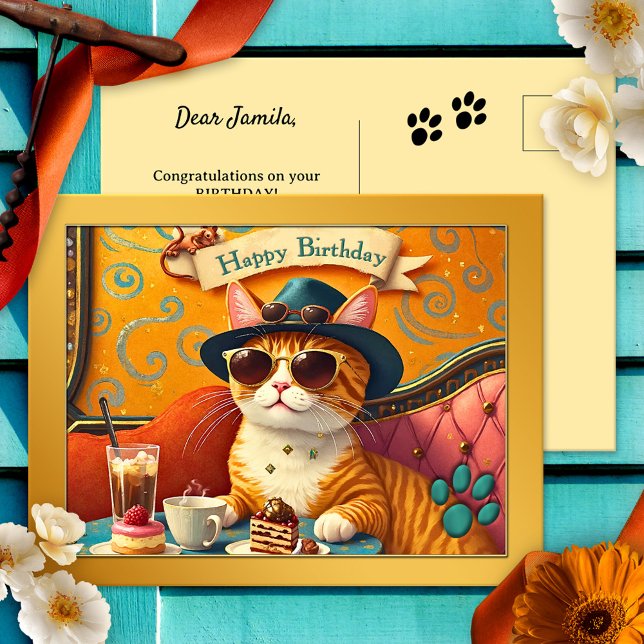 Retro Fun Cat and Cake Birthday Postcard (A cute whimsical retro postcard featuring a painting of a cat eating cakes.)