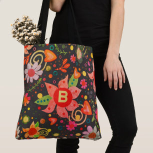 Retro Fun Initial Floral Boho Inspirivity tote