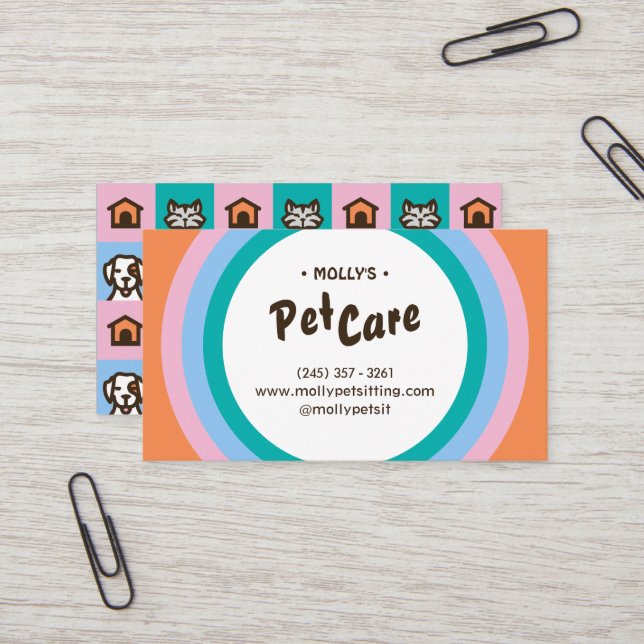 Retro Fun Pet Care Boarding Sitting Business Card (Front/Back In Situ)