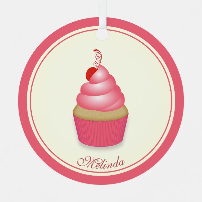 Retro Fun Pink Cupcake w Name Date Metal Ornament (Front)