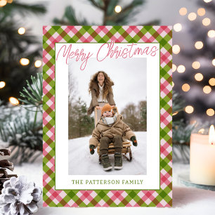 Retro Fun Pink Green Gingham Plaid Photo Christmas Holiday Card