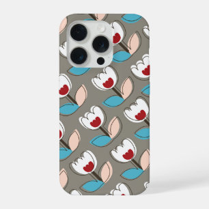 Retro Fun White Blue Red Tulips Flowers Pattern iPhone 15 Pro Case