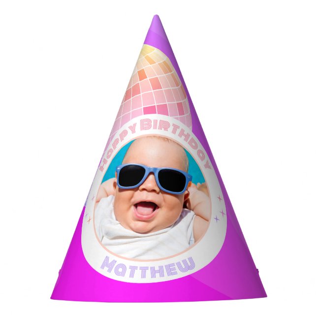 Retro Funky 90s Disco Ball Happy Birthday Photo Party Hat (Front)